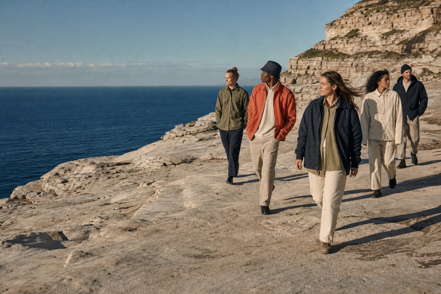 Pre-production Coast and Terra art direction showing a group walking along a coastal landscape